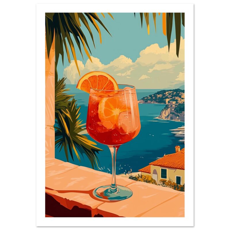 Refresco tropical con naranja y hielo junto al mar en un paisaje costero.