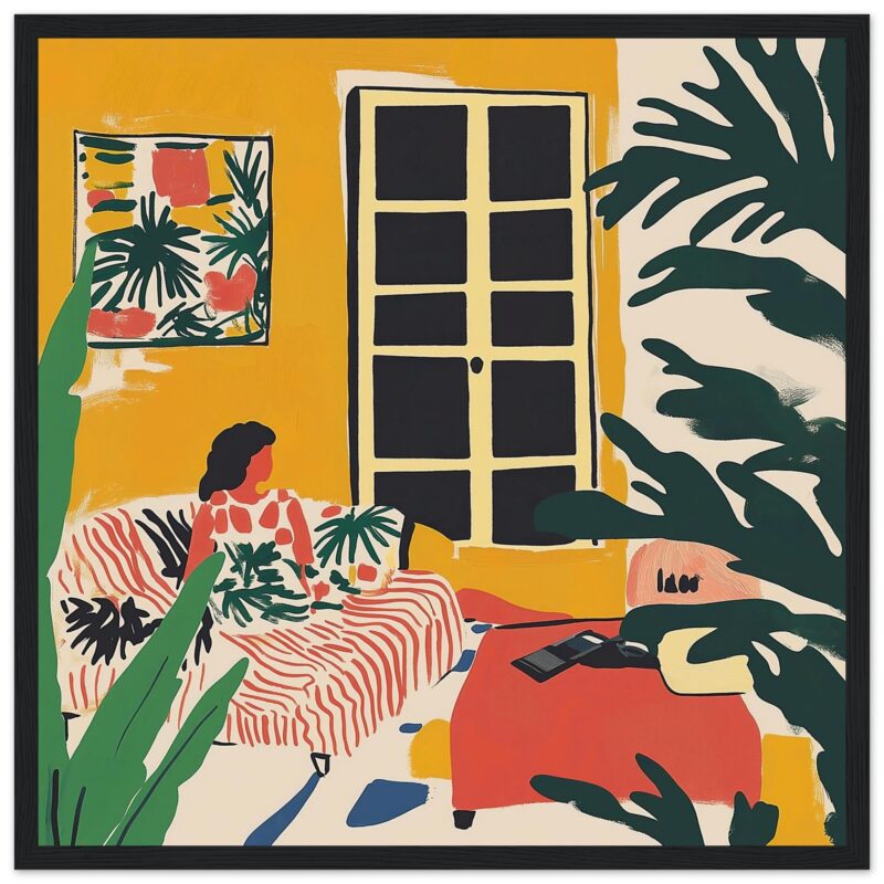 Jarrón con plantas verdes y animales, arte contemporáneo, decoración moderna para interiores.