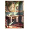 26863c1f-ca70-4be3-84ce-be79e0a2aba4.jpg Espejo ovalado y accesorios en baño con azulejos florales y naturaleza en la ventana.