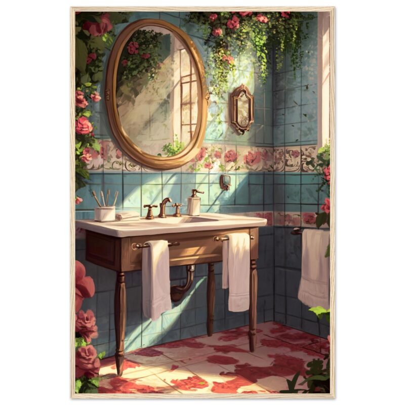 26863c1f-ca70-4be3-84ce-be79e0a2aba4.jpg Espejo ovalado y accesorios en baño con azulejos florales y naturaleza en la ventana.