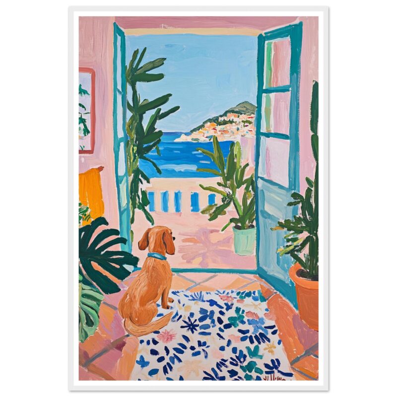 Perro sentado mirando una vista mediterránea desde una ventana abierta.