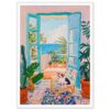 Puerta abierta hacia el mar con plantas en flor y cuadro de arte en tonos pastel, pintura acrílica moderna de decoración interior.