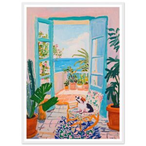 Puerta abierta hacia el mar con plantas en flor y cuadro de arte en tonos pastel, pintura acrílica moderna de decoración interior.