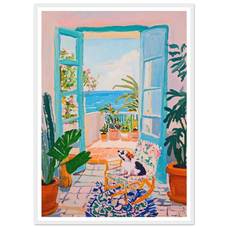 Puerta abierta hacia el mar con plantas en flor y cuadro de arte en tonos pastel, pintura acrílica moderna de decoración interior.