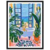Ver ventana abierta con vista a la playa y perro en bañera, obra de arte digital moderna y colorida.
