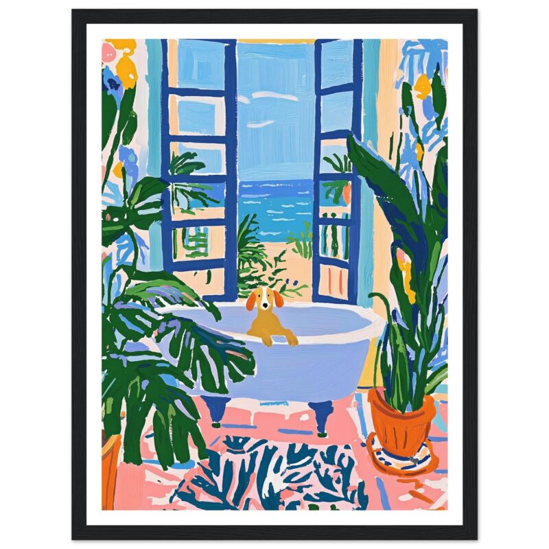Ver ventana abierta con vista a la playa y perro en bañera, obra de arte digital moderna y colorida.