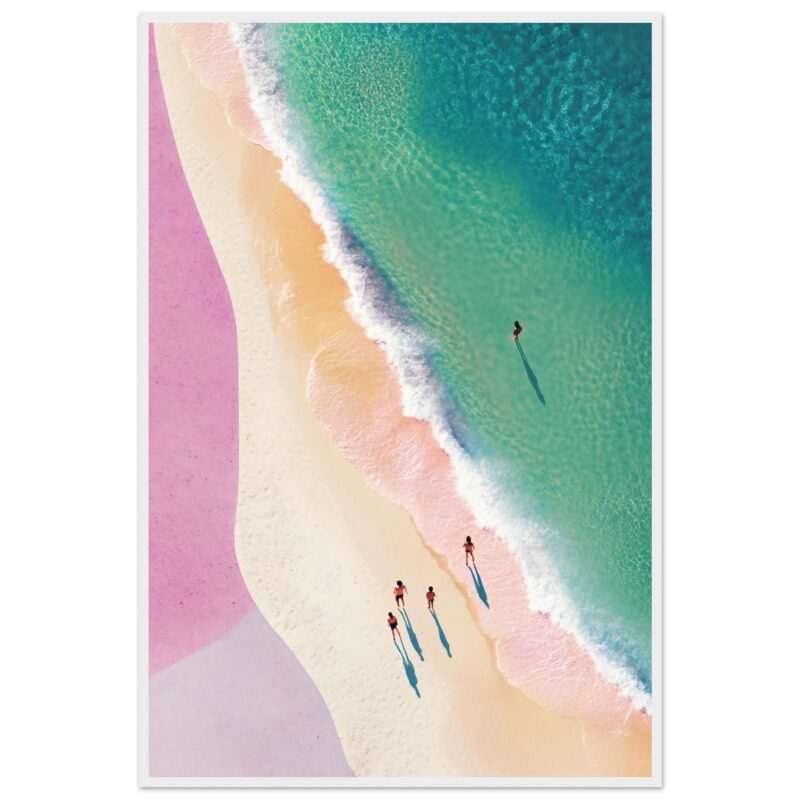 Viento en la playa vista aérea, mares turquesa, arena rosa y cuatro personas caminando con sombras largas, paisaje playero colorido.