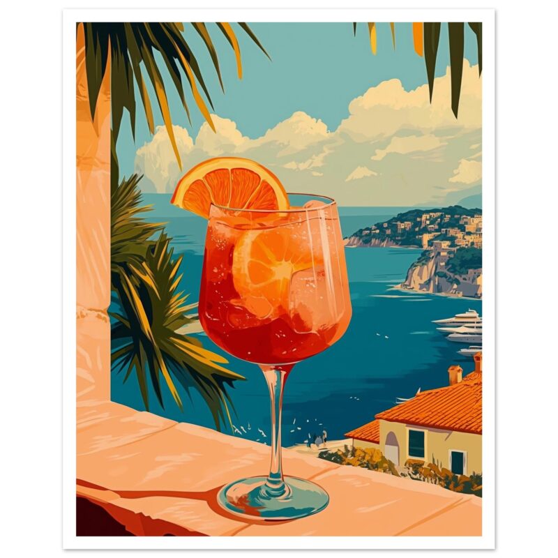 Refresco de cóctel con naranja y limón en un vaso alto, vista panorámica del mar y acantilados en una escena tropical y relajante.