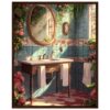 2909a4d9-4ccf-48fb-8acd-c52091a1515e.jpg Herrajes de baño de estilo vintage con azulejos azules y decoraciones florales, inspirado en pintura digital de Digiart Studio.