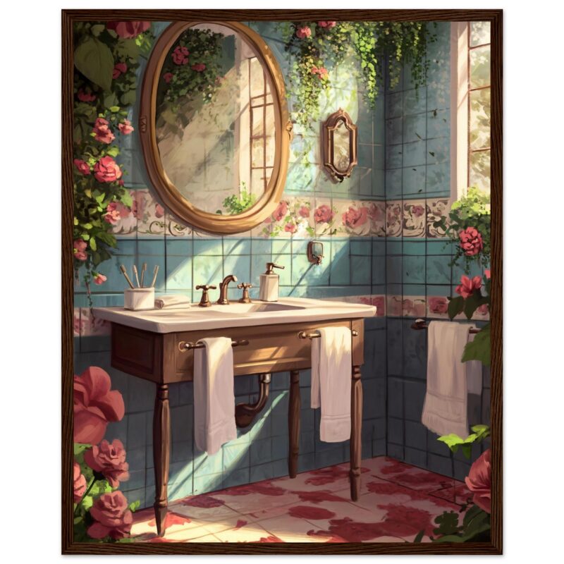 2909a4d9-4ccf-48fb-8acd-c52091a1515e.jpg Herrajes de baño de estilo vintage con azulejos azules y decoraciones florales, inspirado en pintura digital de Digiart Studio.