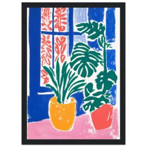 Vasos con plantas verdes en estilo colorido y moderno en acrílico, decoración vibrante y artística.