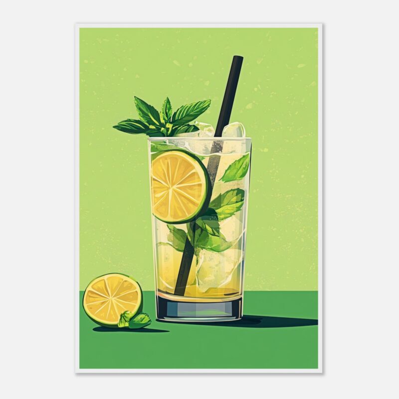 Refresco de limonada con menta y hielo, en vaso alto sobre fondo verde.