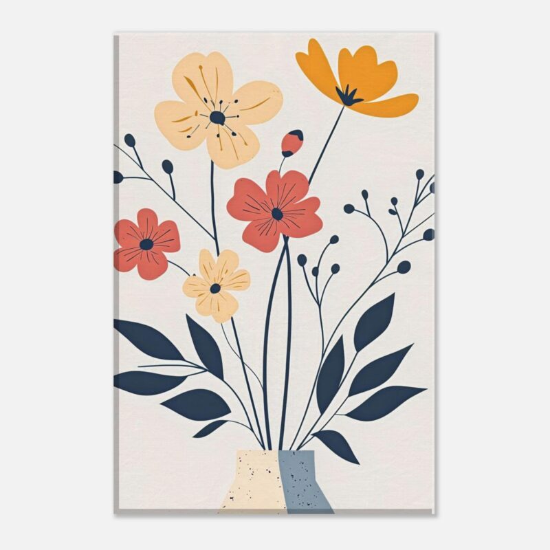 Flores abstractas en jarrón, arte decorativo moderna, diseño floral minimalista, ilustración colorida para hogar.