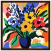 29ea45c4-0da7-47b2-9e10-aafd2d9bdb16.jpg Ramo de flores coloridas en jarrón azul, estilo abstracto y vibrante.