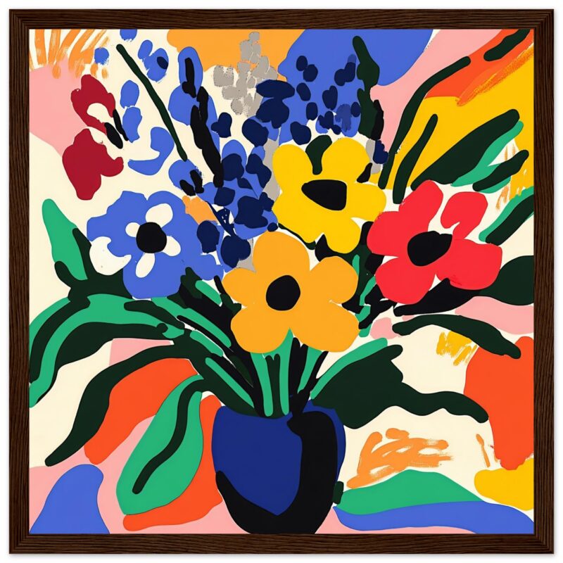 29ea45c4-0da7-47b2-9e10-aafd2d9bdb16.jpg Ramo de flores coloridas en jarrón azul, estilo abstracto y vibrante.