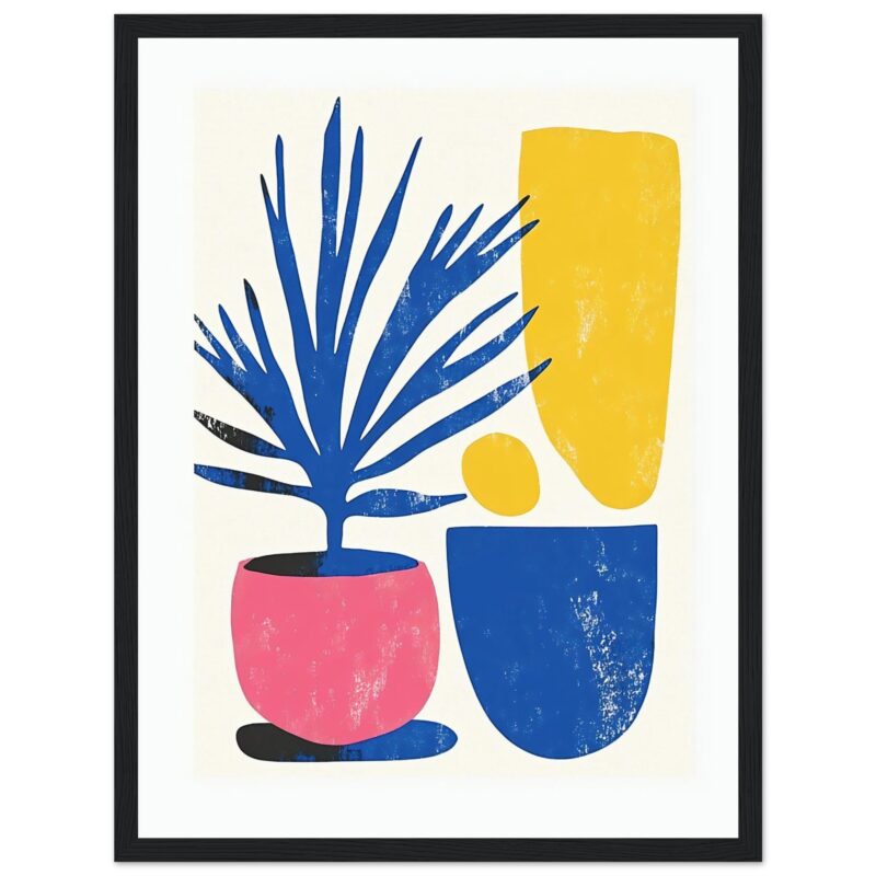 Póster con estilo moderno de plantas y macetas en colores vibrantes. Decoración artística para hogares y oficinas.