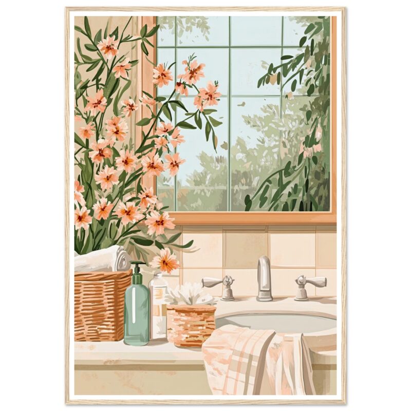 Vaso con flores en el baño, naturaleza y decoración, estilo rústico, estilo cottage, elementos naturales.