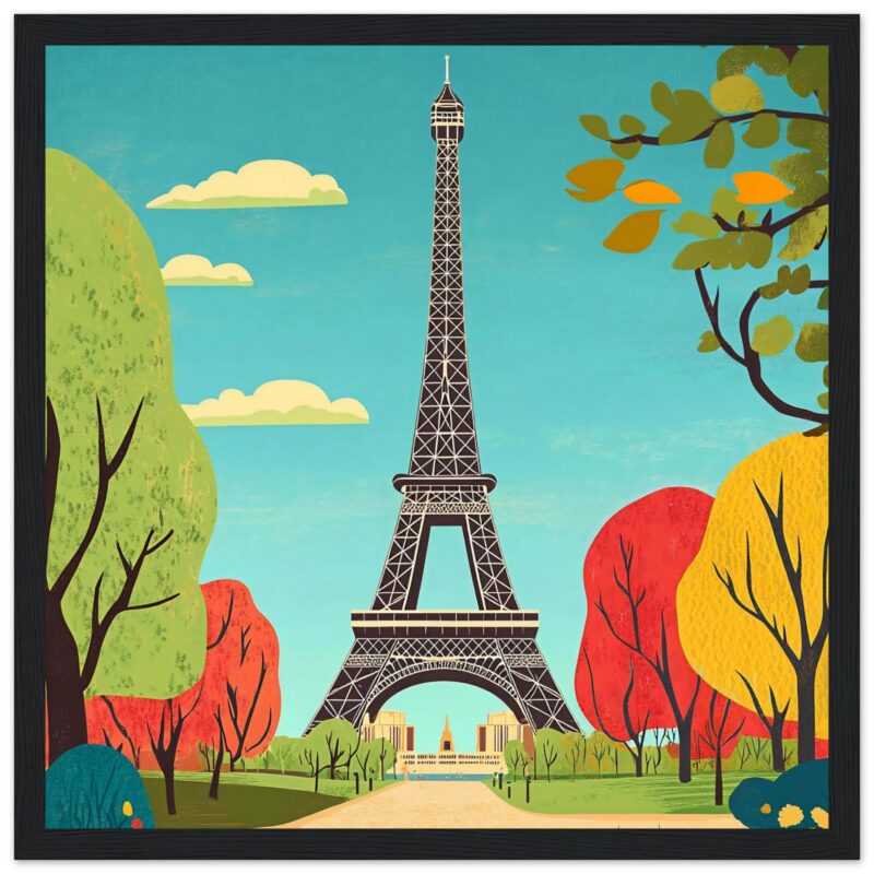 Torre Eiffel en ilustración artística con árboles y cielo azul, estilo digital para decoración y arte urbano.