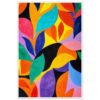 Vibrante obra de arte abstracta con formas de hojas en colores vivos y fondo negro.