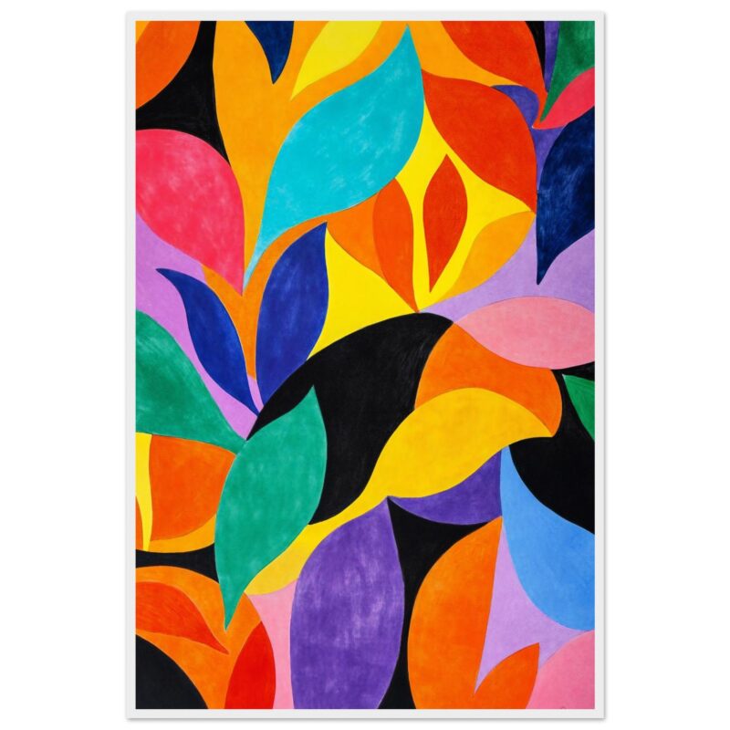 Vibrante obra de arte abstracta con formas de hojas en colores vivos y fondo negro.