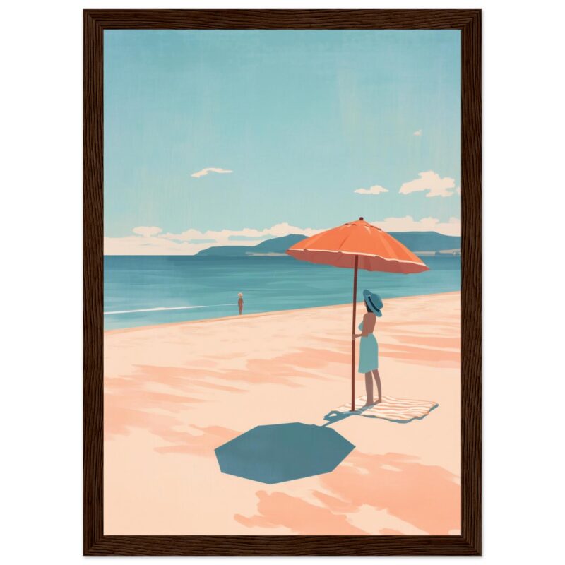 Sombrilla en playa junto a mujer con sombrero, paisaje costero de verano y mar azul.