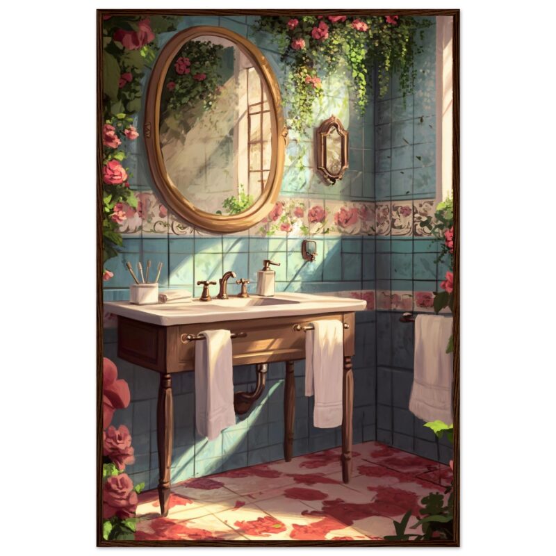 2afde622-811b-4034-806f-6b6349045458.jpg Brillo y serenidad en un baño vintage con azulejos decorativos y flores enascadas.