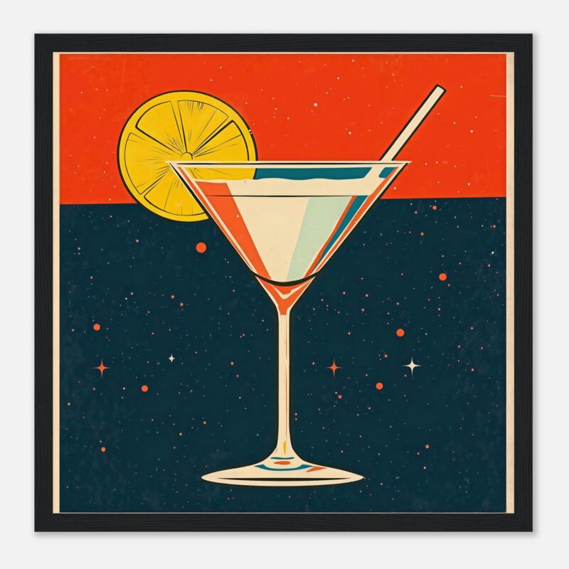 Vaso cóctel con limón, arte digital moderno, estilo pop art, decoración de pared artística, ilustración de bebida refrescante.