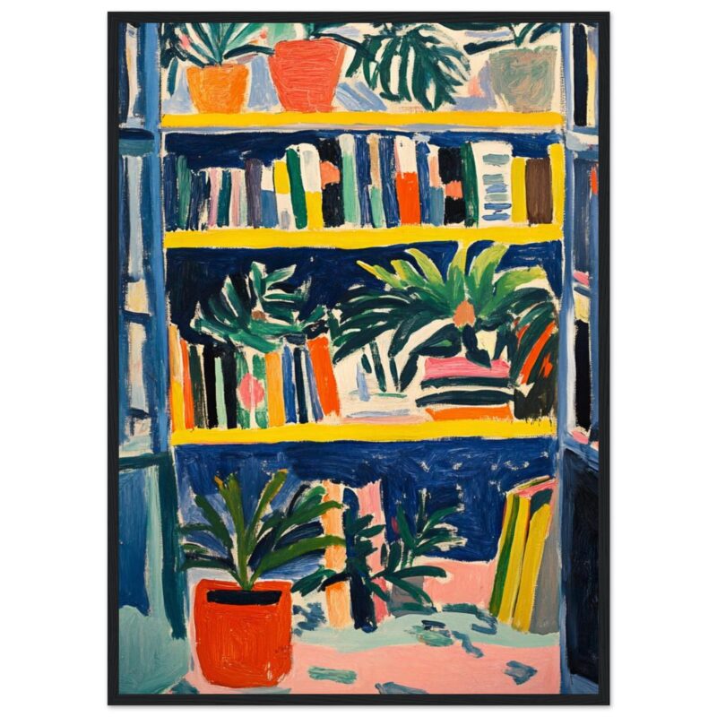 Colgante cuadro de estilo modernista con plantas y libros en colores vibrantes.