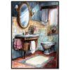 Espejo ovalado decorativo en baño vintage con flores y azulejos color terracota.