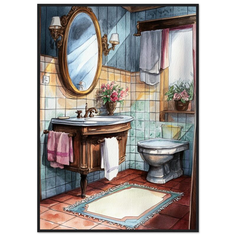 Espejo ovalado decorativo en baño vintage con flores y azulejos color terracota.
