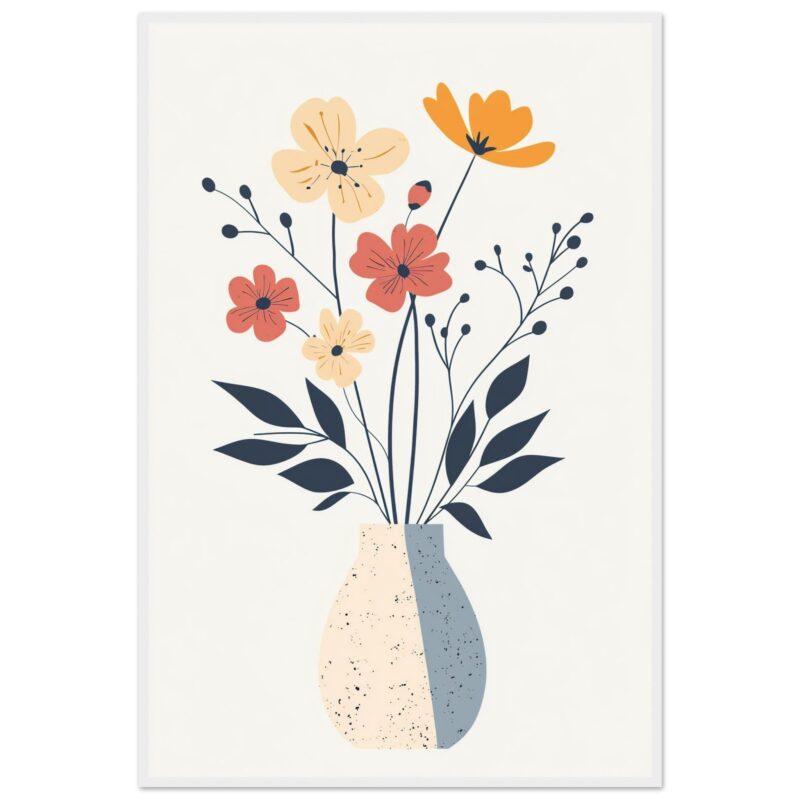 Flores decorativas en jarrón moderno, ilustración de arte digital para decoración de interiores.