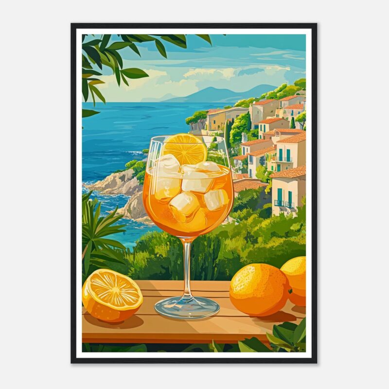 Refresco de verano con hielo y limón en un vaso, vistas de una costa mediterránea con casas y acantilados.