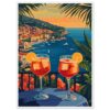 Tazas de cóctel con vista a la costa en verano, estilo artístico digital.