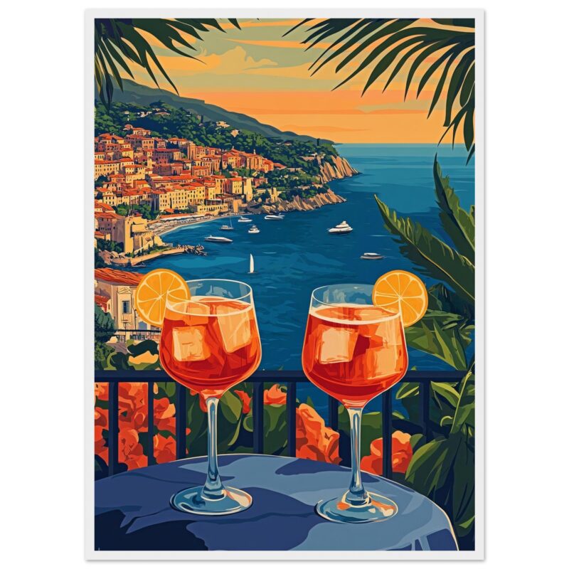 Tazas de cóctel con vista a la costa en verano, estilo artístico digital.