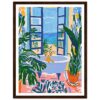 Fondo con ventana abierta hacia el mar con plantas, en estilo pintura moderna.