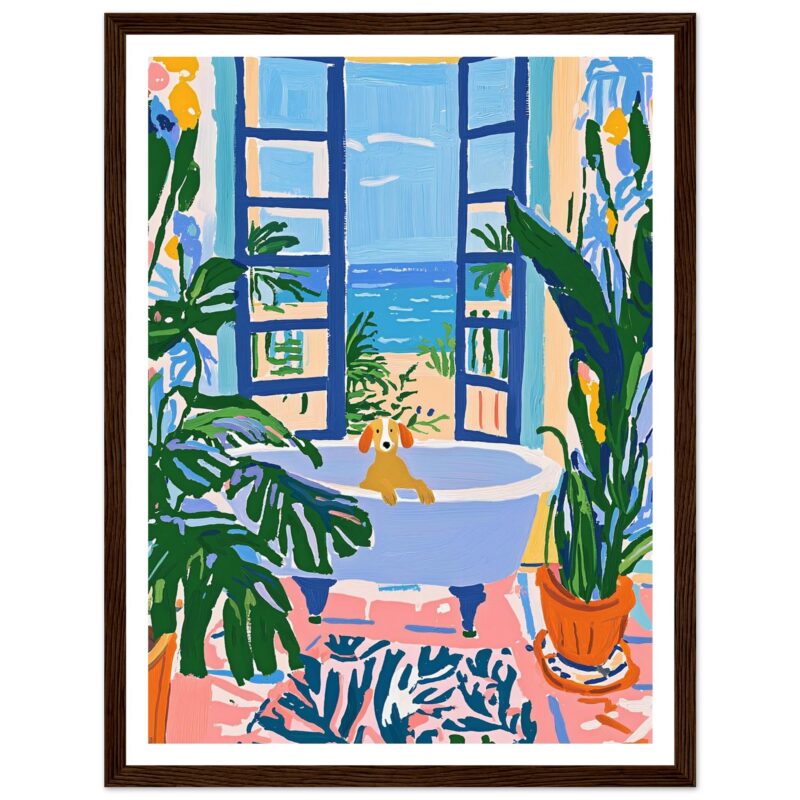 Fondo con ventana abierta hacia el mar con plantas, en estilo pintura moderna.