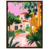 Paisaje colorido con casas y palmeras en un estilo ilustrativo.