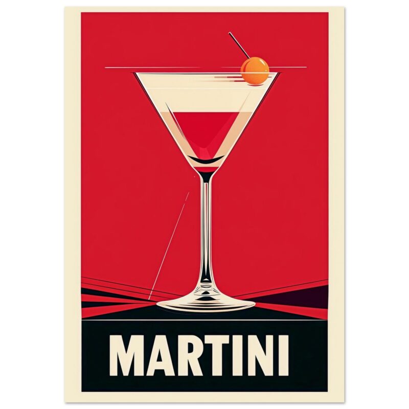 Vaso martini con decoración de cereza en estilo vintage, cartel de bar clásico.