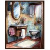 Bañera y espejo decorativo con plantas en un baño vintage ilustrado en acuarela.