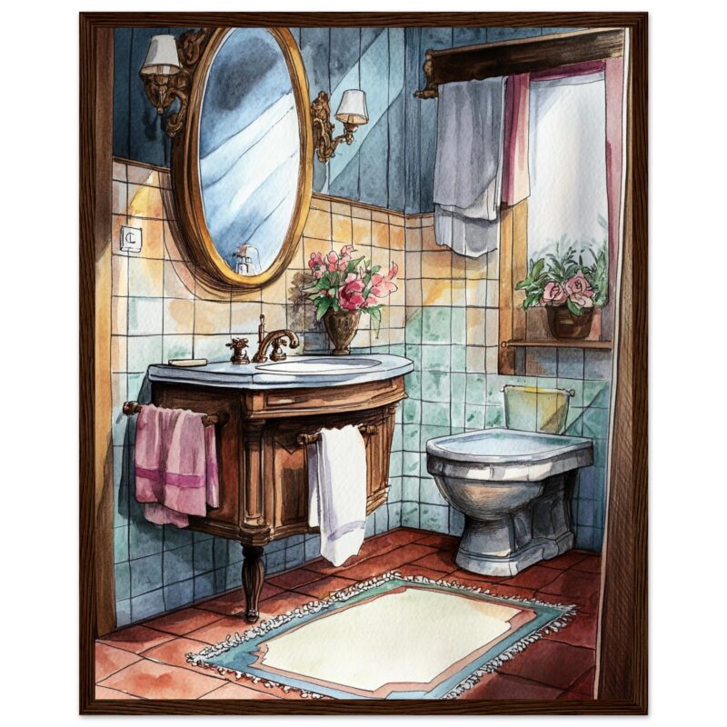 Bañera y espejo decorativo con plantas en un baño vintage ilustrado en acuarela.