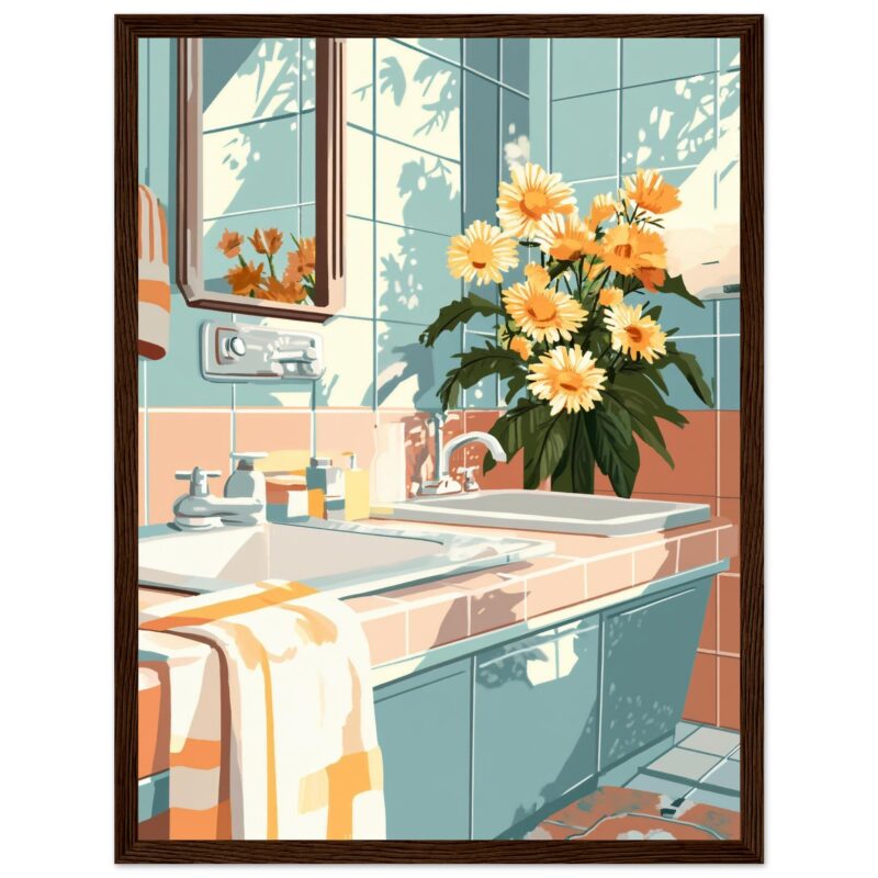 2cd9d655-9447-4363-a48e-f1bd8ea6b2d1.jpg Hermosa ilustración digital de un lavabo con flores en un baño iluminado por la luz natural. Diseño de arte digital de alta calidad para decoración.