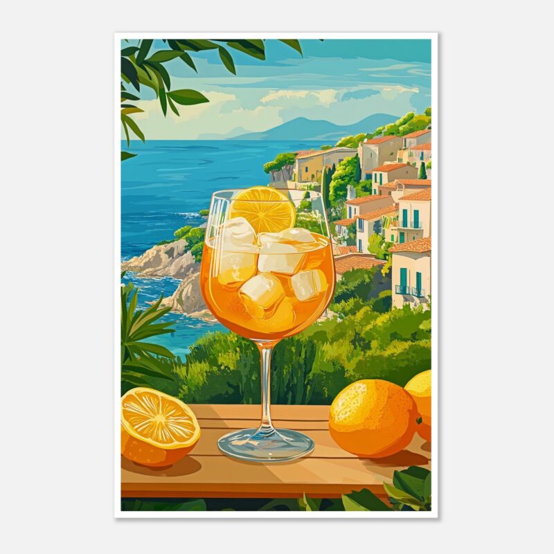 Refresco de naranja con hielo y rodaja de limón en un vaso, vista del mar y pueblos costeros en el fondo.