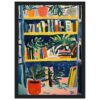 Coloquial dibujos de plantas en macetas y estanterías con libros en estilo pintura acrílica.