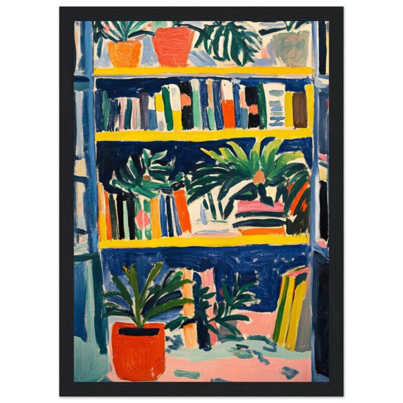 Coloquial dibujos de plantas en macetas y estanterías con libros en estilo pintura acrílica.