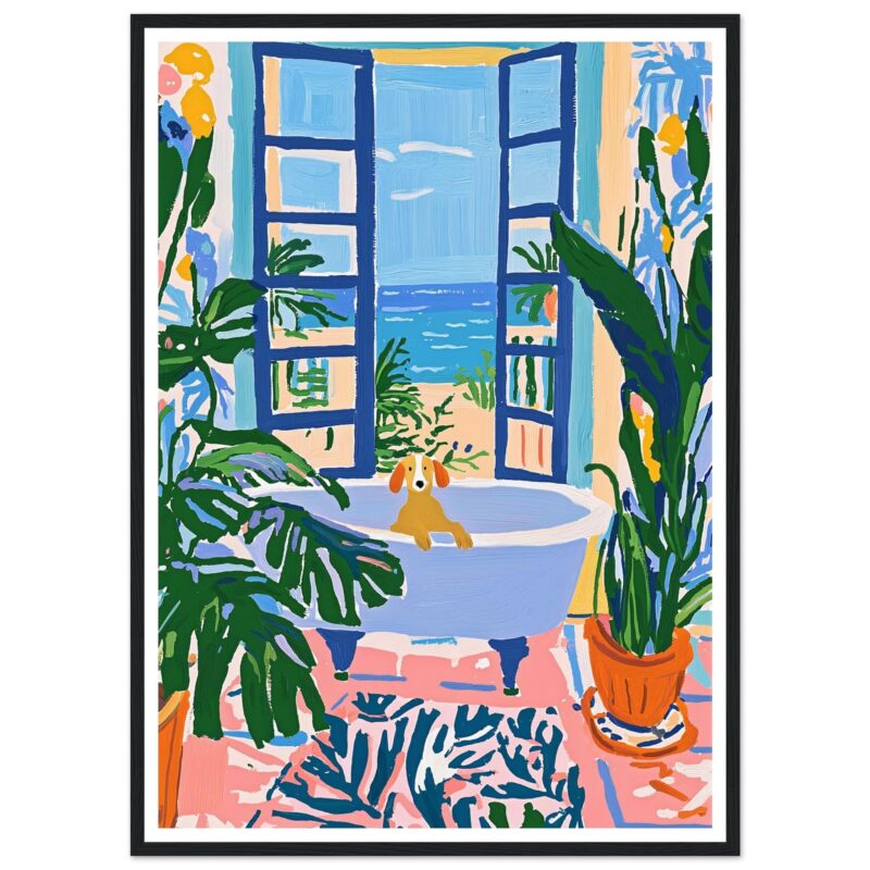 Un cuadro con estilo vibrante y colorido de una escena con plantas, ventana y vista al mar, ideal para decoración moderna y artística.