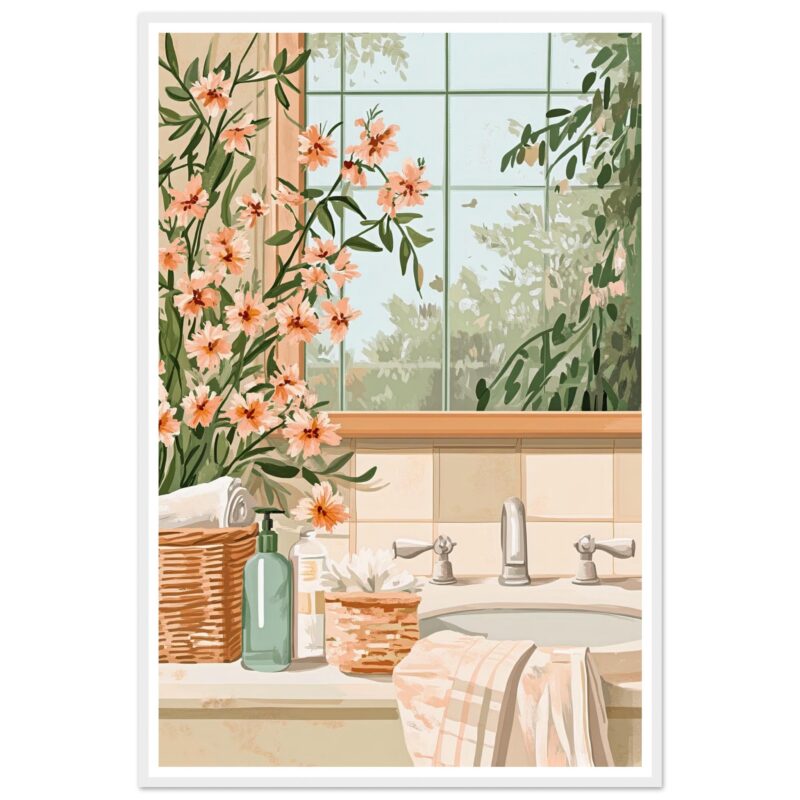 Jarrón con flores y accesorios decorativos en el baño junto a la ventana de cristal natural.