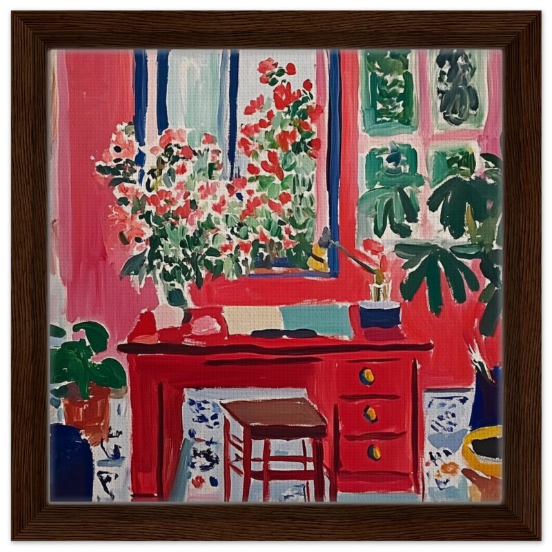 Rama de flores en maceta junto a ventana, pintura en estilo expresionista.