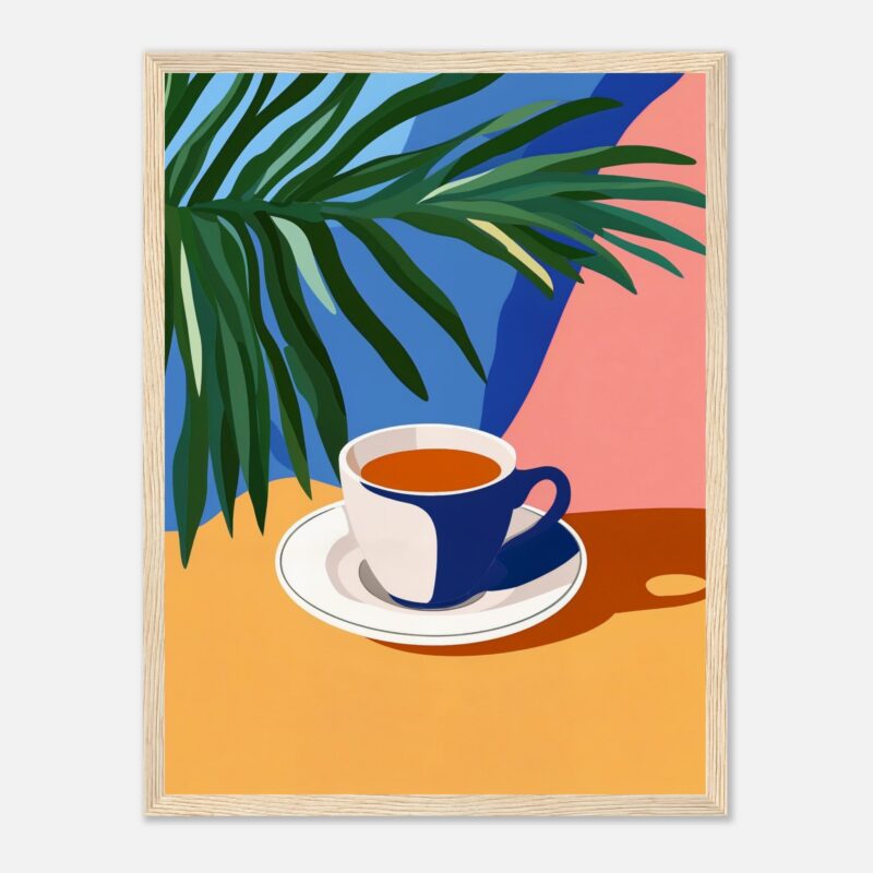 Taza de café en estilo artístico con fondo de plantas y colores vibrantes.