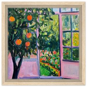 Naranjos en un jardín desde la ventana, pintura expresionista vividames, arte de paisaje y naturaleza.