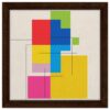 Colores vibrantes y formas geométricas en una obra de arte moderna enmarcada en madera.
